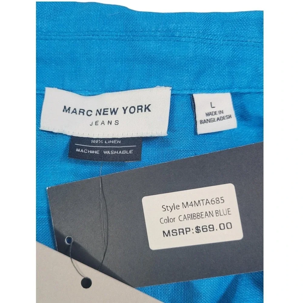 Marc New York Jeans Linen Top Women L Blue Short Sleeve Boxy Coastal Boho